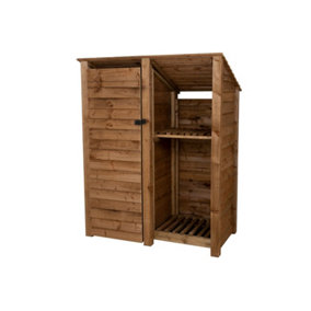 Wooden tool and log store (roof sloping back), garden storage with shelf W-146cm, H-180cm, D-88cm - brown finish