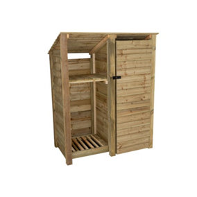 Wooden tool and log store (roof sloping back), garden storage with shelf W-146cm, H-180cm, D-88cm - natural (light green) finish