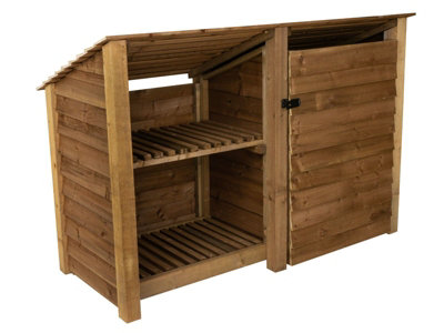 Wooden tool and log store (roof sloping back), garden storage with shelf W-187cm, H-126, D-88cm - brown finish