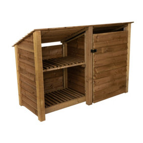 Wooden tool and log store (roof sloping back), garden storage with shelf W-187cm, H-126, D-88cm - brown finish