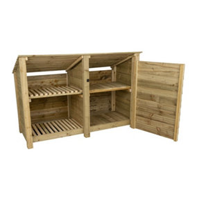 Wooden tool and log store (roof sloping back), garden storage with shelf W-187cm, H-126, D-88cm - natural (light green) finish