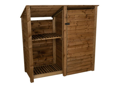 Wooden tool and log store (roof sloping back), garden storage with shelf W-187cm, H-180cm, D-88cm - brown finish