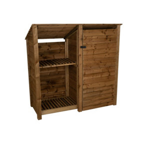 Wooden tool and log store (roof sloping back), garden storage with shelf W-187cm, H-180cm, D-88cm - brown finish
