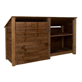 Wooden tool and log store (roof sloping back), garden storage with shelf W-227cm, H-126, D-88cm - brown finish