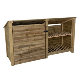 Wooden tool and log store (roof sloping back), garden storage with shelf W-227cm, H-126, D-88cm - natural (light green) finish