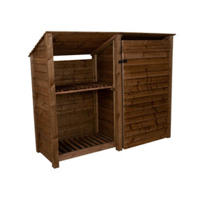 Wooden tool and log store (roof sloping back), garden storage with shelf W-227cm, H-180cm, D-88cm - brown finish