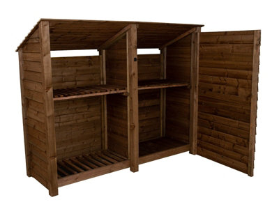 Wooden tool and log store (roof sloping back), garden storage with shelf W-227cm, H-180cm, D-88cm - brown finish