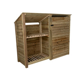 Wooden tool and log store (roof sloping back), garden storage with shelf W-227cm, H-180cm, D-88cm - natural (light green) finish