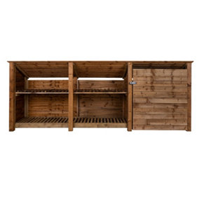 Wooden tool and log store (roof sloping back), garden storage with shelf W-335cm, H-126, D-88cm - brown finish