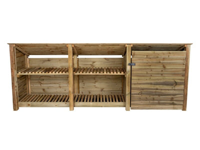 Wooden tool and log store (roof sloping back), garden storage with shelf W-335cm, H-126, D-88cm - natural (light green) finish