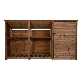Wooden tool and log store (roof sloping back), garden storage with shelf W-335cm, H-180cm, D-88cm - brown finish
