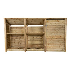 Wooden tool and log store (roof sloping back), garden storage with shelf W-335cm, H-180cm, D-88cm - natural (light green) finish