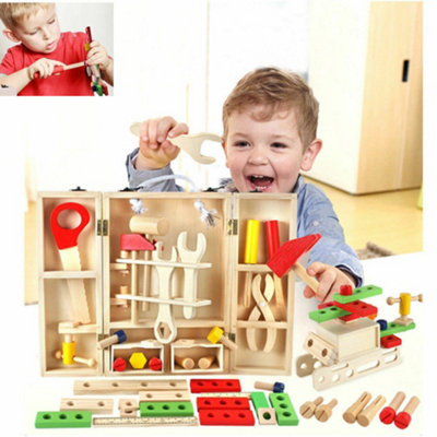 Wooden Tool Box Carrycase for Kids 35-Piece Pretend DIY Role Play ...