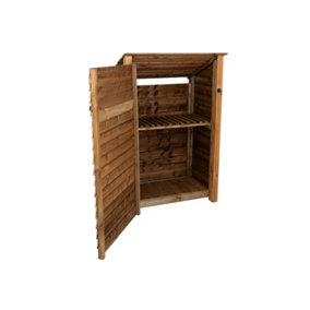 Wooden tool store (roof sloping back), garden storage with shelf W-119cm, H-180cm, D-88cm - brown finish