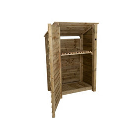 Wooden tool store (roof sloping back), garden storage with shelf W-119cm, H-180cm, D-88cm - natural (light green) finish