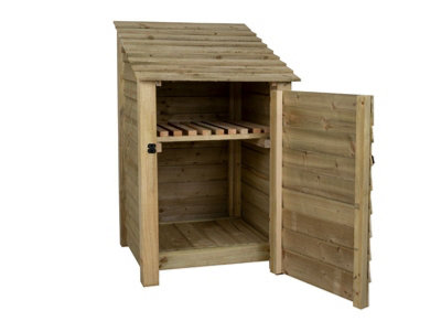 Wooden tool store with storage shelf