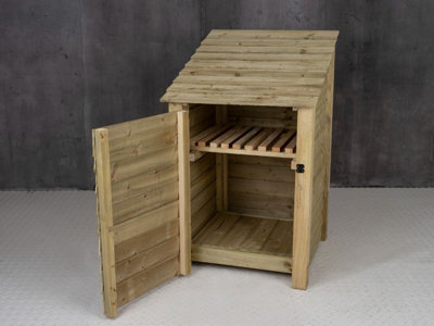Wooden tool store with storage shelf