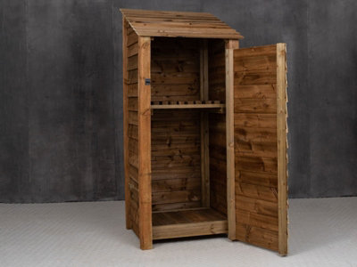 Wooden tool store with storage shelf, garden storage W-79cm, H-180cm, D-88cm - brown finish
