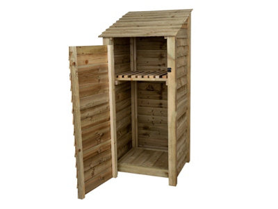 Wooden tool store with storage shelf