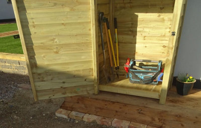 Wooden tool store with storage shelf