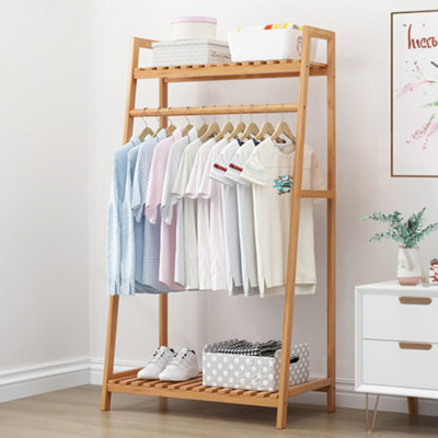 Wooden Trapezoid Clothes Rack with Shelves Natural
