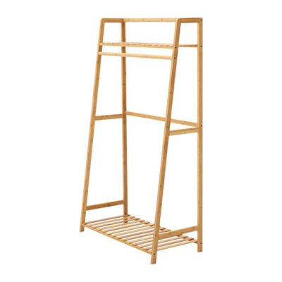 WOODEN TRAPEZOID CLOTHES RACK WITH SHELVES NATURAL