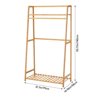WOODEN TRAPEZOID CLOTHES RACK WITH SHELVES NATURAL