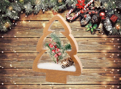 Wooden Tree Ornament Christmas Light Decoration Tree Frame Berry Foliage 28cm