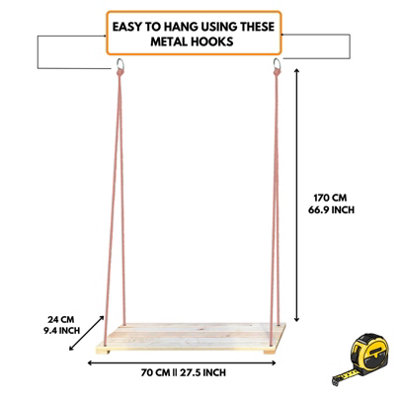 Wooden Tree Swing Seat 70cm Long for Indoor Or Outdoor - Perfect For Kids Teens & Adults - Garden Seat Set With Rope & Wide Seat - 3