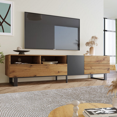 Wooden TV Stand Oak Wood TV Cabinet Unit with Large Storage for Living Room