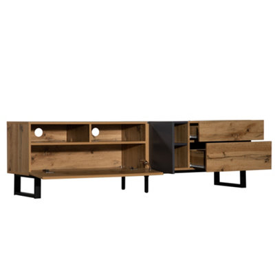 Wooden TV Stand Oak Wood TV Cabinet Unit with Large Storage for Living Room