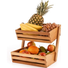 Wooden Two-Tier Vegetable Basket and Fruit Storage Rack - A Freestanding Countertop Basket for Kitchen Essentials.