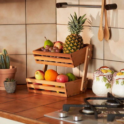Wooden Two-Tier Vegetable Basket and Fruit Storage Rack - A Freestanding Countertop Basket for Kitchen Essentials. - 6