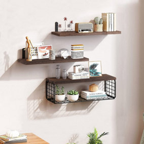 Wooden Wall Floating Shelves Set of 3 with Basket Dark Brown