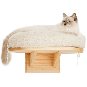 Wooden Wall Mounted Cat Bed With Extra Soft Cushion - Cat Shelf Suitable For Large Pets up to 30kg - Natural Wall Bed (50cm) Wide