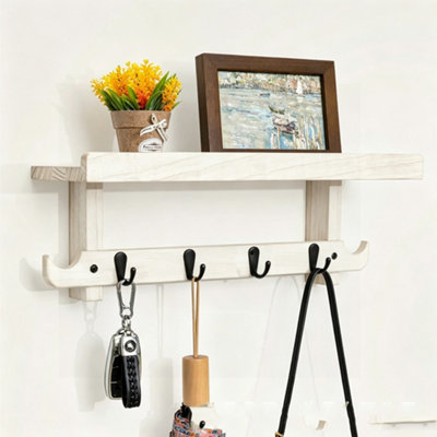 Wooden Wall Mounted Coat Rack with Shelf, White Entryway Key Hook Rack ...
