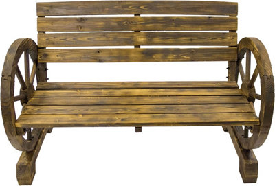 Wooden Wheel Garden Bench - Burnt Wood Effect