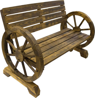 Wooden Wheel Garden Bench - Burnt Wood Effect