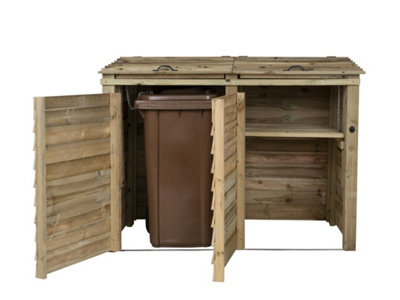 Wooden Wheelie Bin Store (Double, Light green (Natural), With Recycling Shelf)