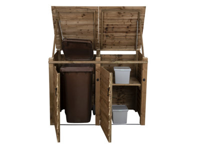Wooden Wheelie Bin Store (Double, Rustic Brown, With Recycling Shelf)