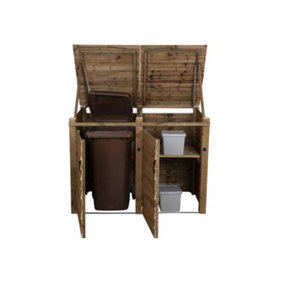 Wooden Wheelie Bin Store (Double, Rustic Brown, With Recycling Shelf)