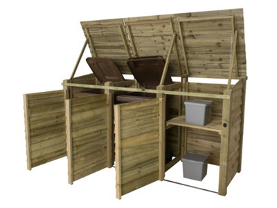 Wooden Wheelie Bin Store (Triple, Light green (Natural), With Recycling Shelf)