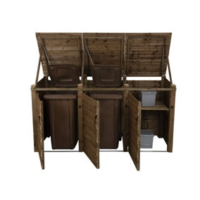 Wooden Wheelie Bin Store (Triple, Rustic Brown, With Recycling Shelf)