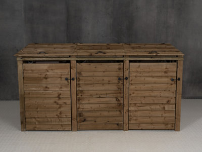 Wooden Wheelie Bin Store (Triple, Rustic Brown, With Recycling Shelf)