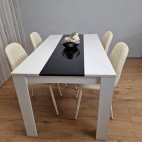 Wooden White Black Dining Table with 4 Cream Stitched Leather Chairs Set