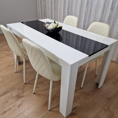 Wooden White Black Dining Table with 4 Cream Stitched Leather Chairs Set