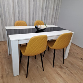 Wooden White Black Dining Table with 4 Mustard Stitched Leather Chairs Set