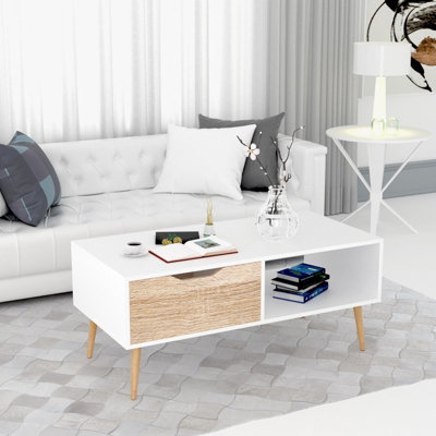 Wooden White Oak Scandinavian Coffee Table With Legs Storage Compartment Drawer