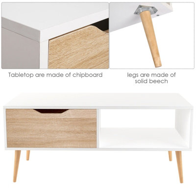 Wooden White Oak Scandinavian Coffee Table With Legs Storage Compartment Drawer