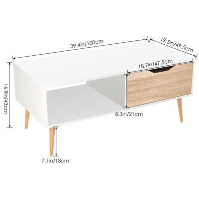 Wooden White Oak Scandinavian Coffee Table With Legs Storage Compartment Drawer - 3